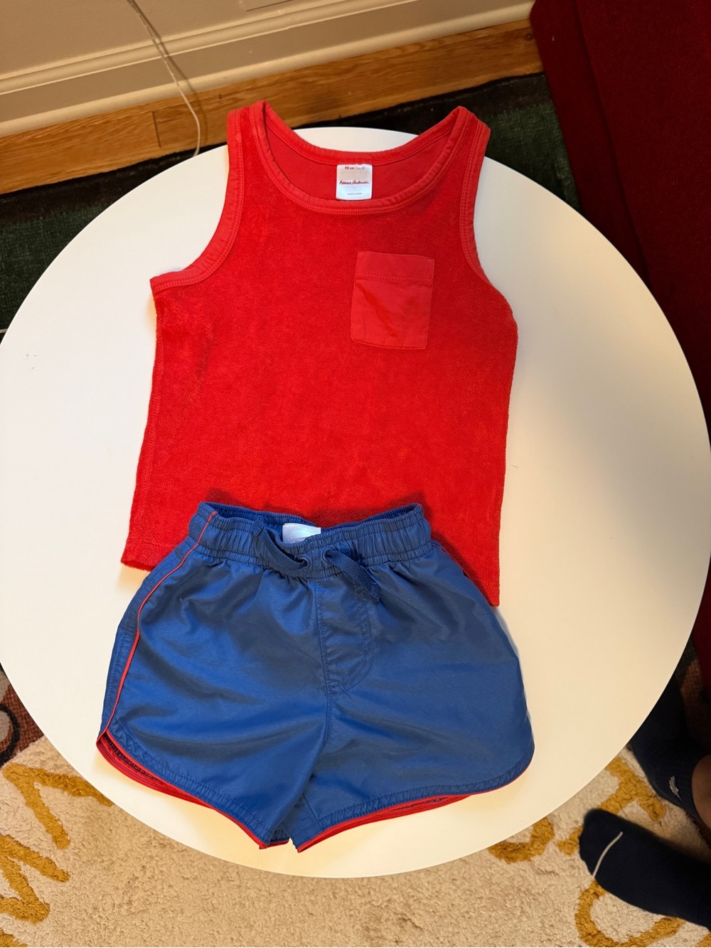 Hanna Andersson Terry blend Red Tank Top with Chest Pocket and swim trunks